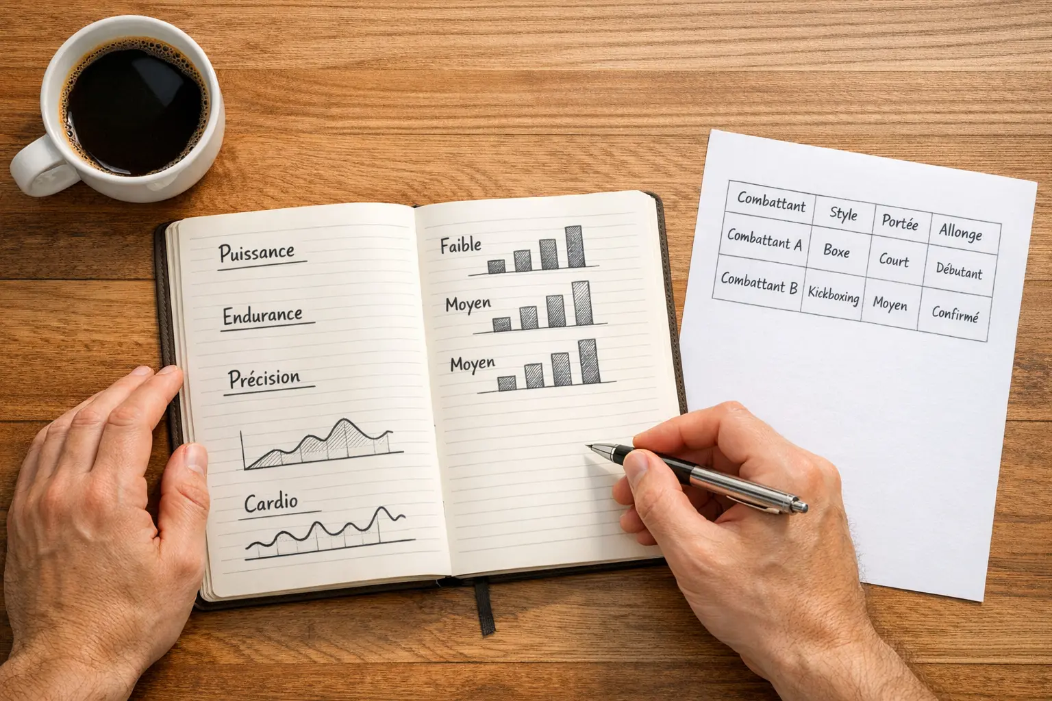 Analyste sportif étudiant des statistiques de combats MMA sur un carnet avec des graphiques simples