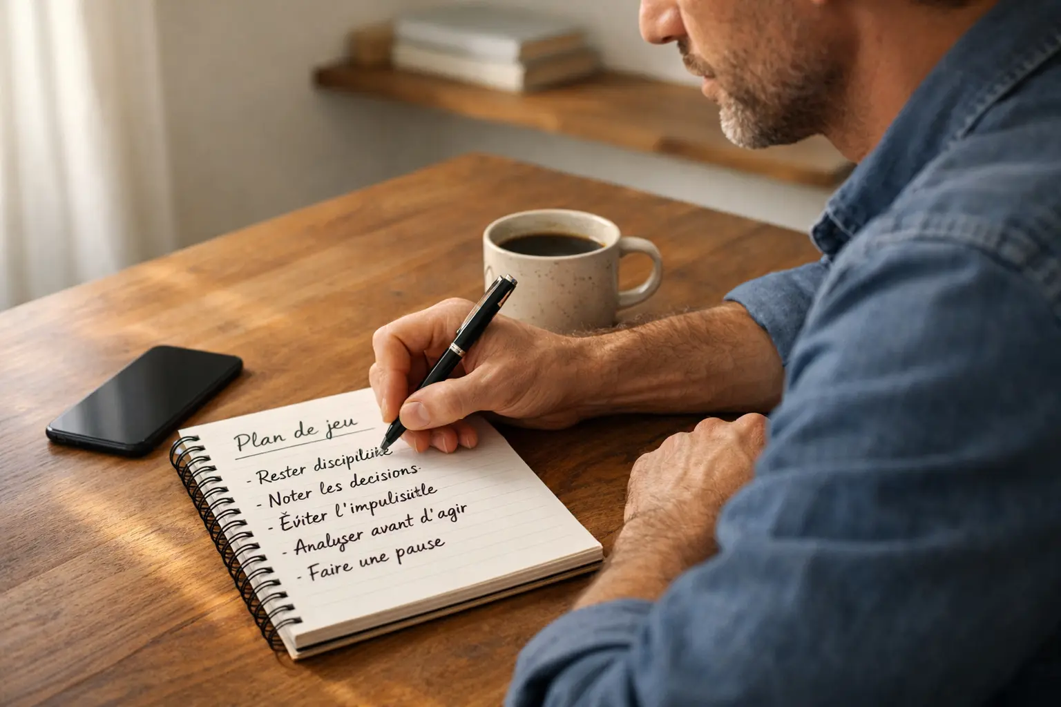 Homme concentré analysant des notes sur un carnet avec un stylo à la main