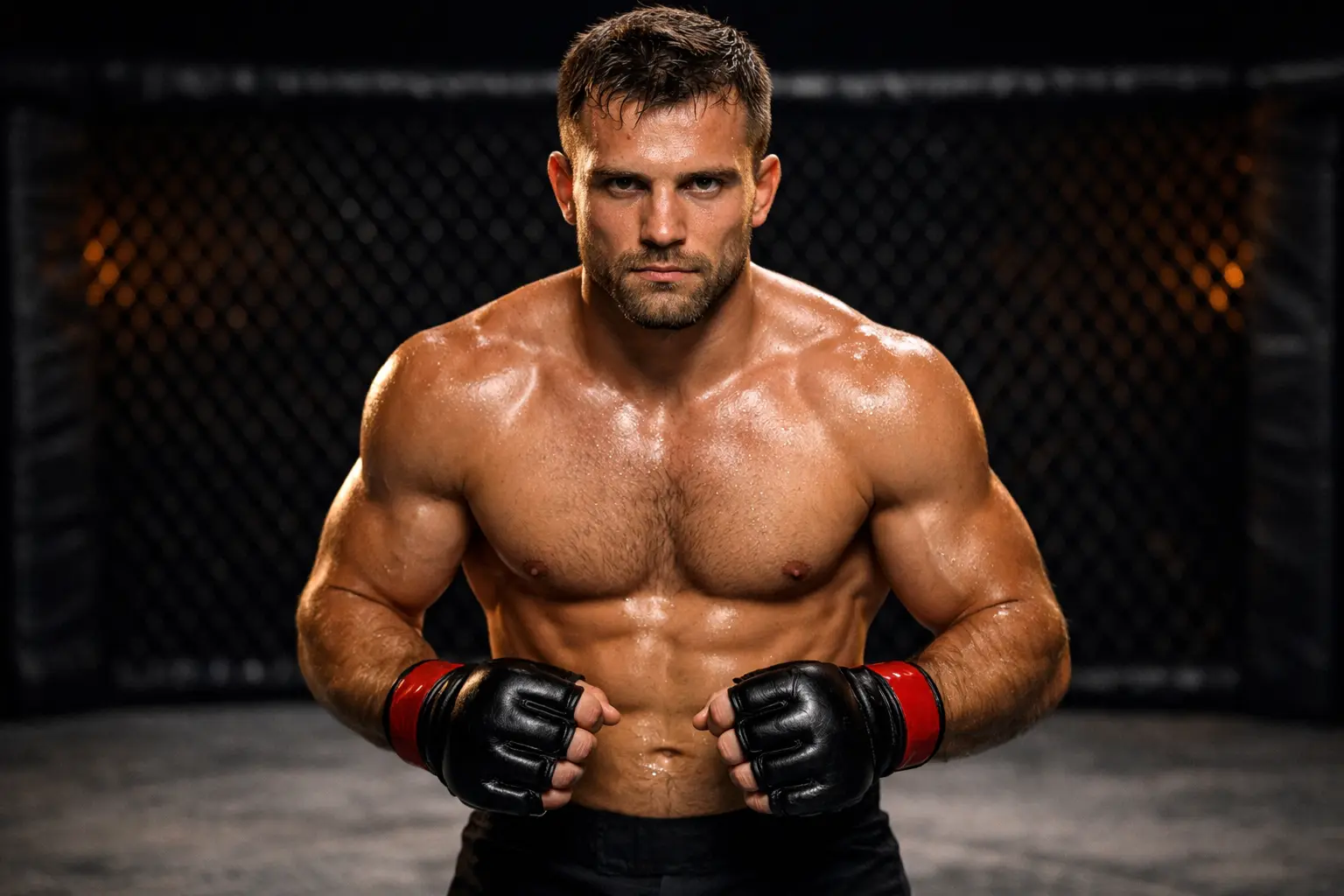 Combattant MMA en position de garde dans l'octogone sous un éclairage intense
