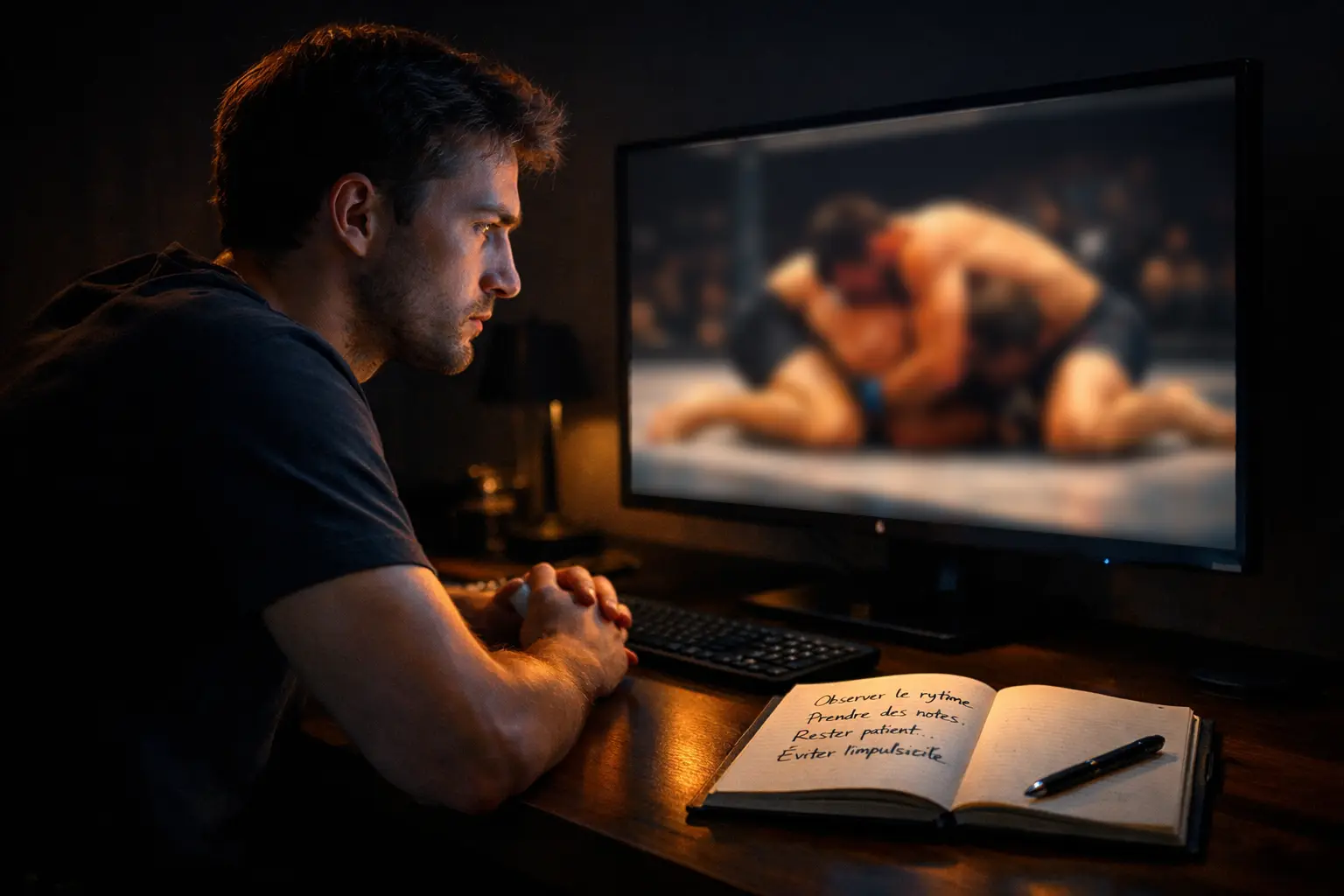 Spectateur concentré regardant un combat MMA en direct dans une salle avec ambiance tamisée