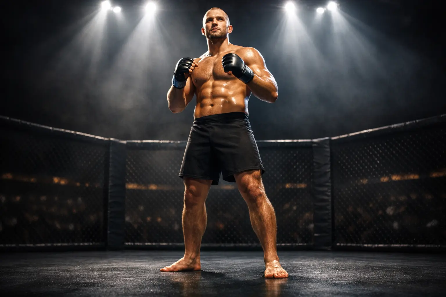 Combattant MMA dans l'octogone sous un éclairage dramatique avant un combat professionnel