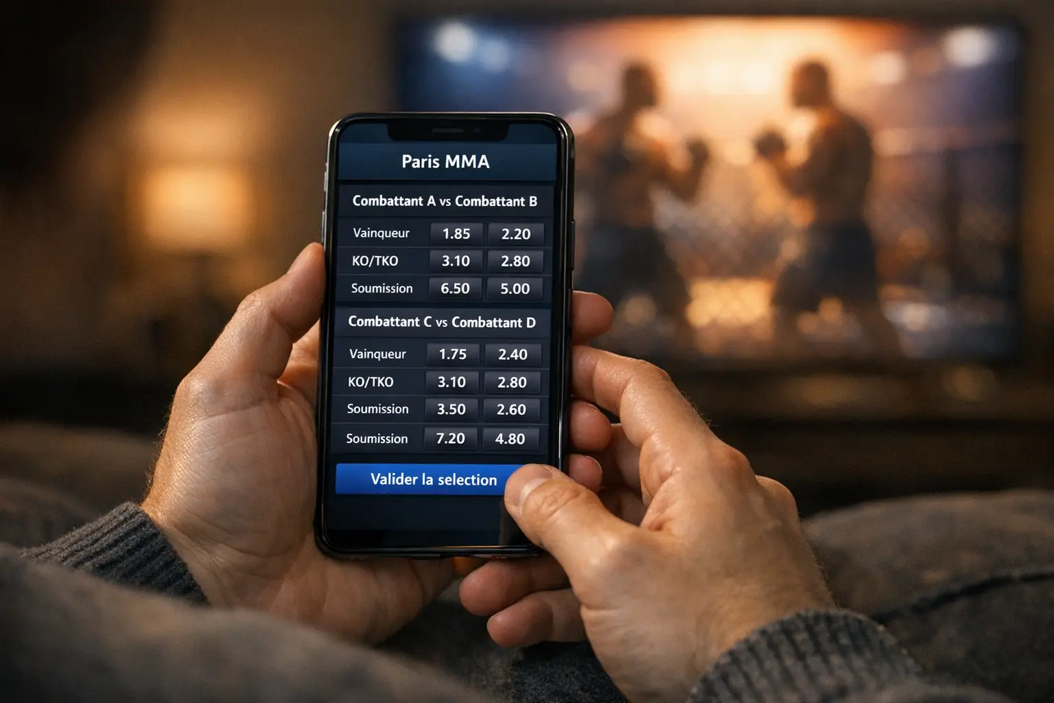 Personne consultant une application de paris sportifs MMA sur son smartphone devant un écran diffusant un combat