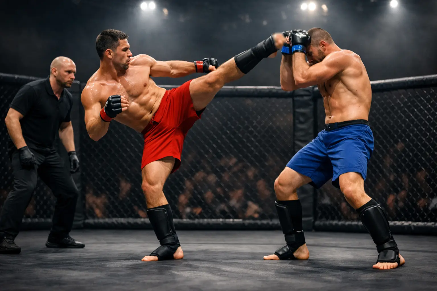 Deux combattants MMA s'affrontent dans l'octogone avec un arbitre qui supervise le combat